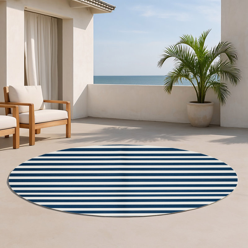 Tapis intérieur / extérieur bleu HorizontalStripes, Rond 5 pi