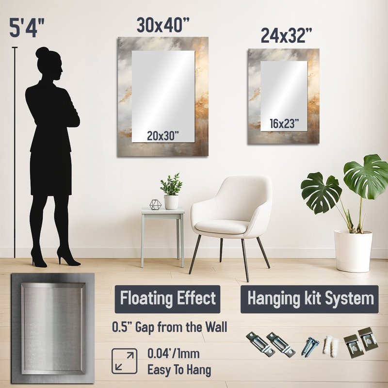 Beige And Gold Minimalism Storms II - Beige Coastal Wall Mirror, 32" x 24"