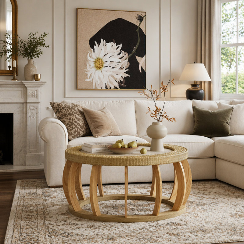 Rattan Solid Wood Round Coffee Table, Curved Legs Boho Accent Table