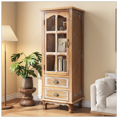Rustic Wooden Storage Cabinet with Decorative Cutout Door and 3 Drawers, Tall Narrow Organizer for Living Room and Bedroom