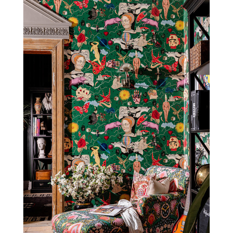 Woodstock Lifestyle Wallpaper Roll, Black/Blue/Pink/Red