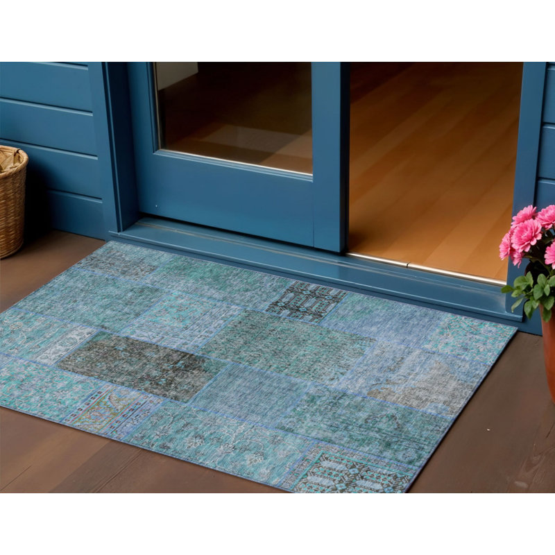 3' X 5' Teal Blue Aqua And Gray Patchwork Washable Indoor Outdoor Area Rug