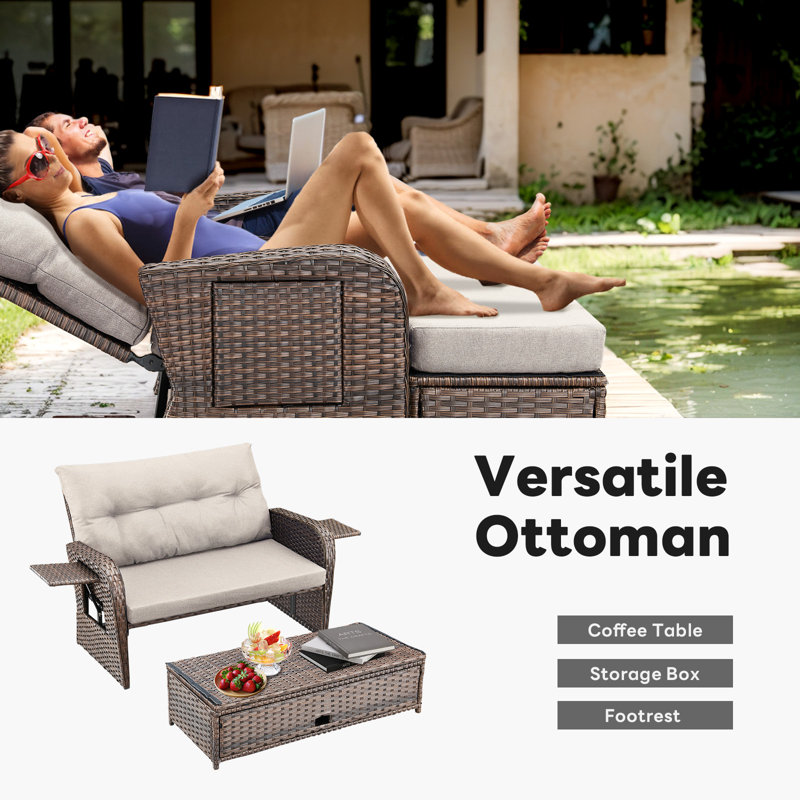 Braxleigh Outdoor PE Wicker Adjustable Reclining Daybed Patio Chair, 4-Position With Storage Ottoman With Cushions, Beige