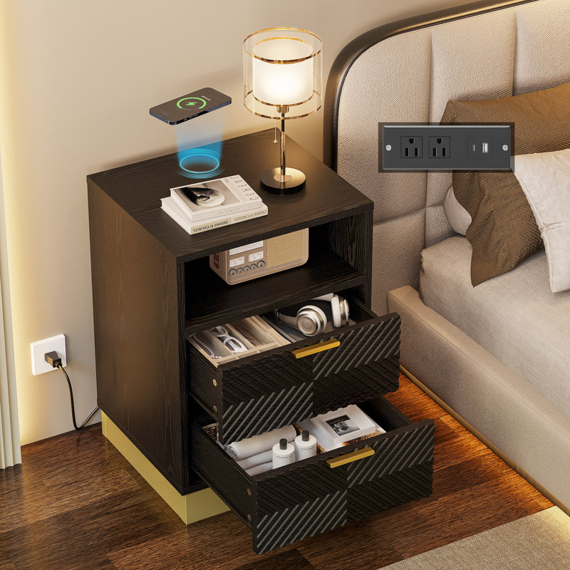 Vicky Modern Nightstand With Wireless Charging, 2 Drawers, Ac Outlet And Usb Port - Black Wood Grain With Gold Accents