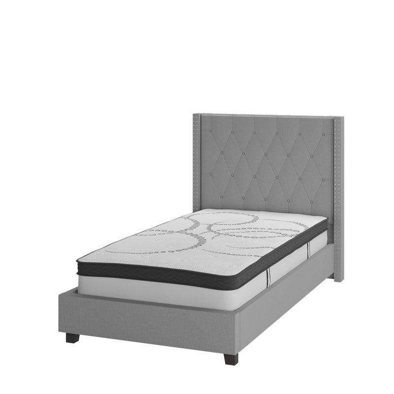 Riverdale Tufted Platform Bed with 10 Inch Pocket Spring Mattress, Twin, Light Gray