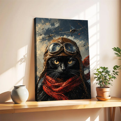 Chat aviateur vintage noir avec casque en cuir et foulard rouge, toile murale sur fond d'avions de guerre rétro