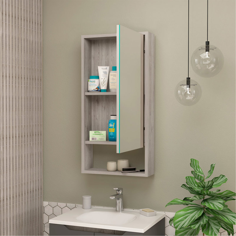 Armoire à pharmacie, une tablette ouverte, armoire à miroir avec deux tablettes intérieures