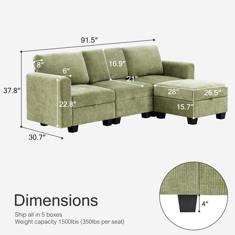 Canapé modulaire rembourré 4 pièces Ilyes, Chenille verte