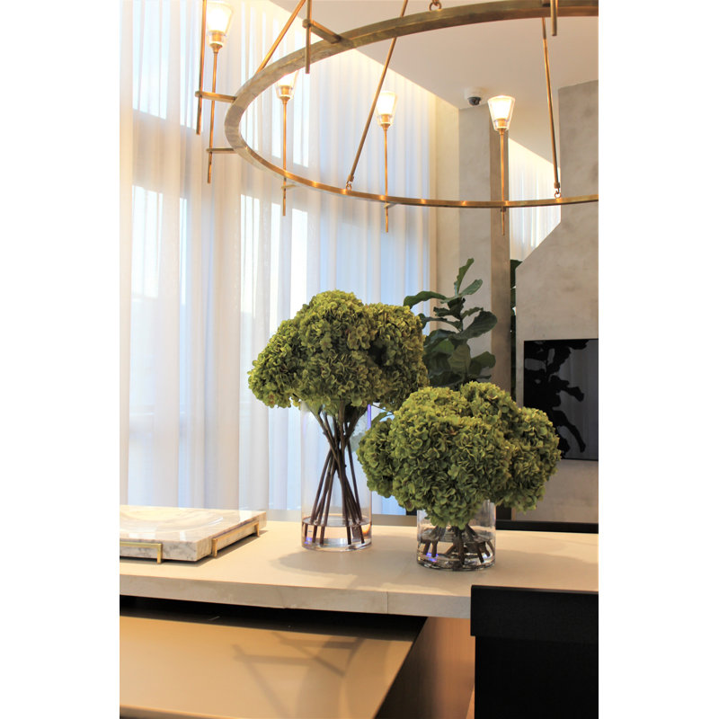 White Hydrangeas In Clear Glass Cylinder Vase, Green, 16" H x 18" W x 18" D