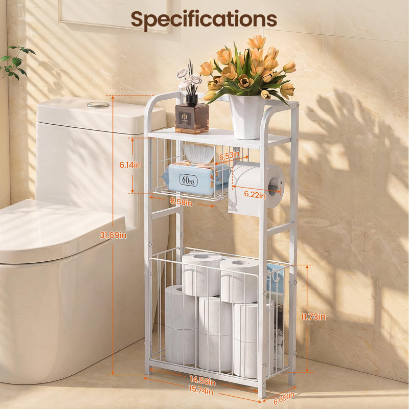 Freestanding Toilet Paper Holder Stand with Storage forSmall Bathroom Space, Holds 9 Spare Rolls, Phone, Wipes & Magazines, Large Capacity Toilet Paper Stand, Toilet Roll Dispenser and Organizer, (White)