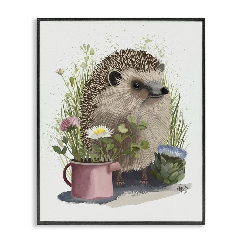 Hérisson avec plantes de jardin, estampe numérique encadrée par Fab Funky, H 20 po x l 16 po, Giclée encadrée noir minuit