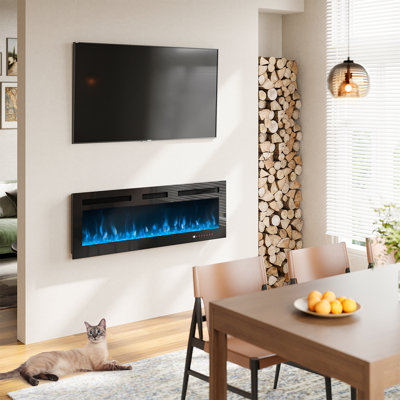 Foyer électrique ultra-mince, radiateur encastré et mural, pierre de cristal et bûche, minuterie, 750 W / 1 500 W, couleur de flamme réglable, écran tactile et télécommande