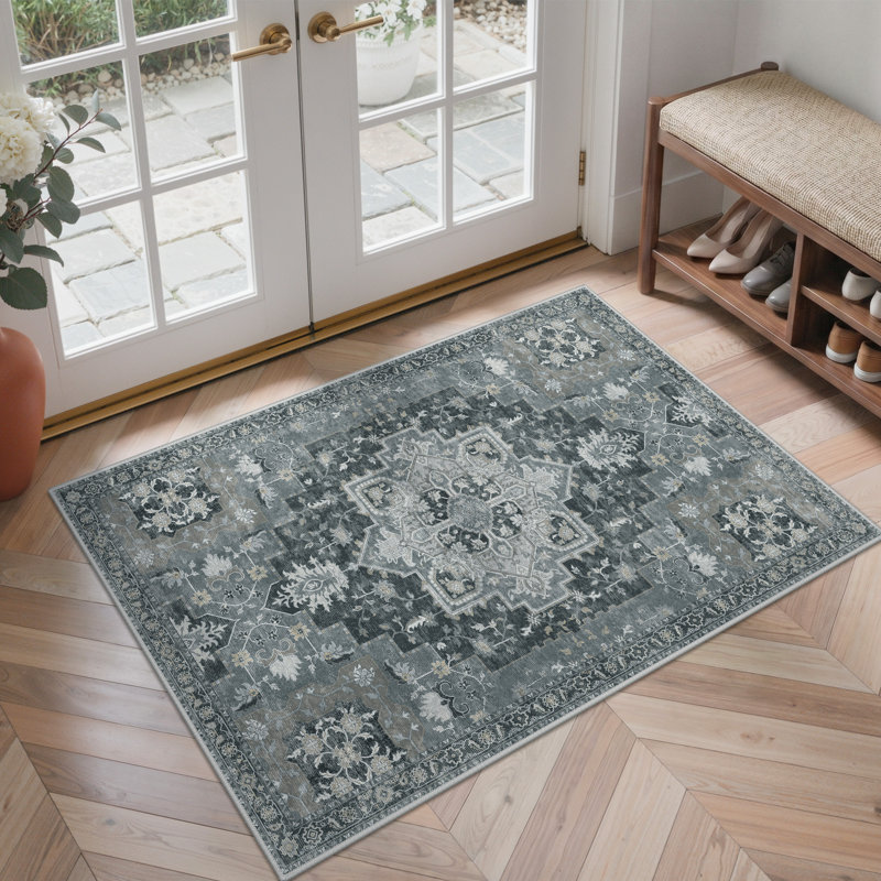 Tapis oriental performance Roehit, Rectangulaire 8 pi x 10 pi, Bleu marine / Ivoire