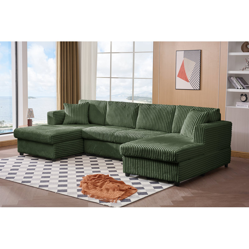 4 Seat U Sectional Couch, 110'' W Corduroy Sofa With Double Chaises, Green Corduroy