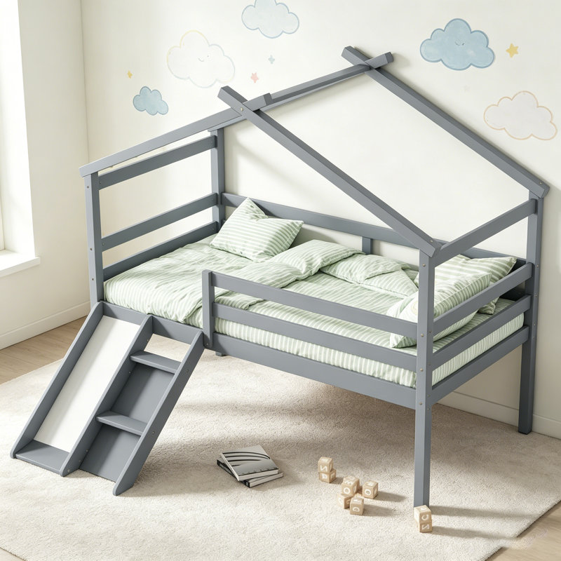 Lit simple mezzanine bas avec glissade, échelle et garde-corps de sécurité pour un sommeil amusant et sécuritaire, gris