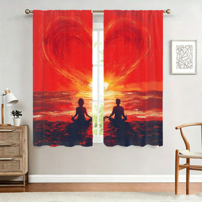 2 pièces de rideaux de méditation en forme de coucher de soleil romantique en forme de cœur, tissu filtrant la lumière, motif artistique et marin, protection de la vie privée pare-soleil, conception à passe-tringle, convient au salon, à la chambre à coucher et à la décoration intérieure