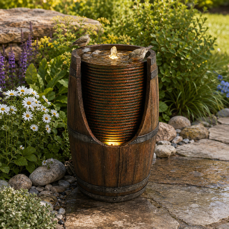 Fontaine de sol en baril d'extérieur 24,8 "avec lumière DEL et pompe de recirculation, Brun chêne vieilli