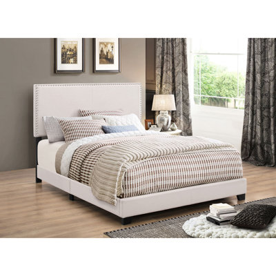 King Panel Bed Upholstered In Soft Material, Nailhead Trim For Style, Robust Wood Frame, Box Spring Required Bed, A Timeless Look, And Plywood Needed