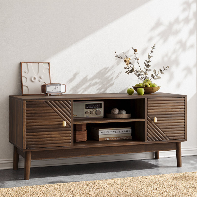 Meuble télé 43,31 po style Mid-Century pour téléviseur 32/45 po, rangement, gestion des câbles, noyer