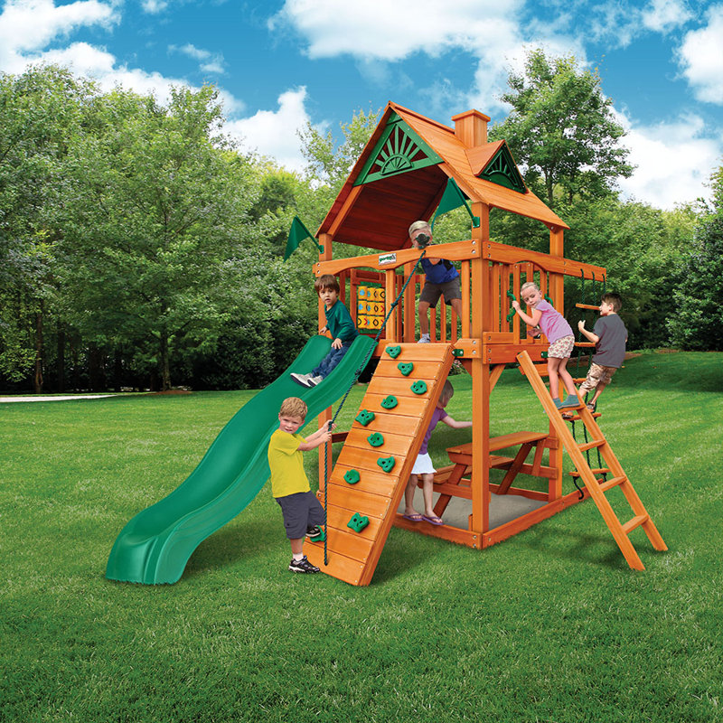 Chateau Tower Cedar Playset with Slide and Climbing Wall