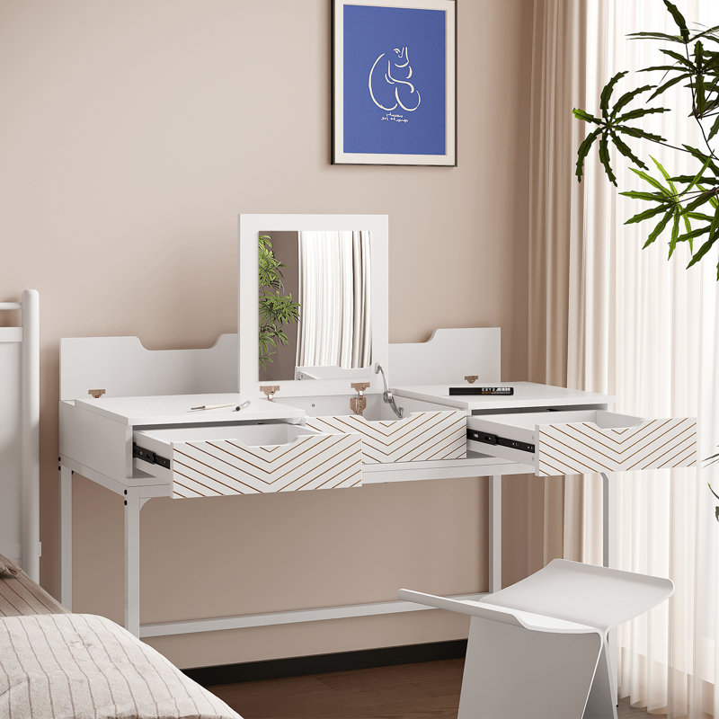 Multi-functional Dressing & Office Table With Hidden Flip Mirror, Spacious Storage, And Compact Design , White