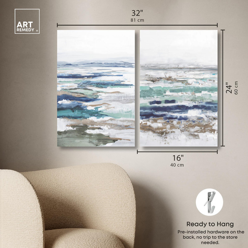 «Coral Coastal Blue Art», ensemble de 2 impressions sur toile par , Toile tendue, Ne s’applique pas, H 24 po x l 16 po