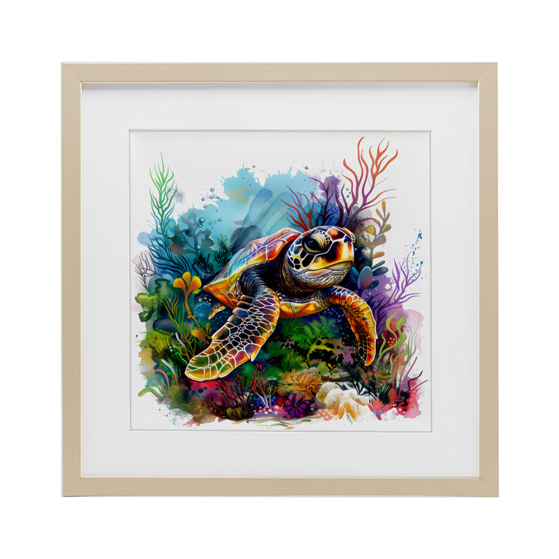 Tortue de mer et récif de corail vif, impression encadrée sous verre, design par LSR Design Studio, H 13 po x l 13 po