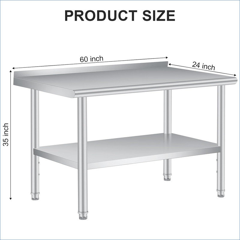 Table en acier inoxydable pour la préparation et le travail avec dosseret, table robuste commerciale avec tablette inférieure réglable pour restaurant de cuisine commerciale.