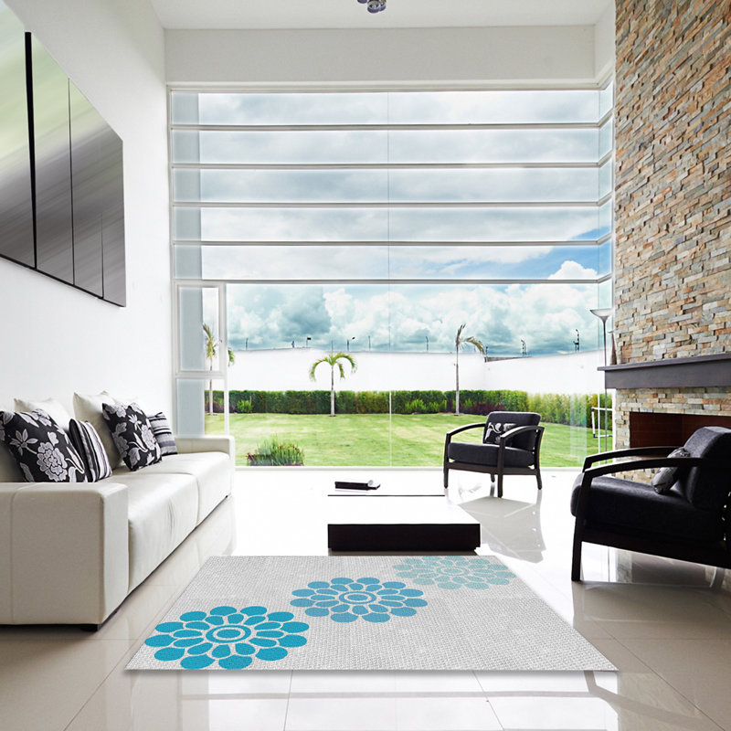 Tapis bleu à motif floral Kyal, Carré 4 pi