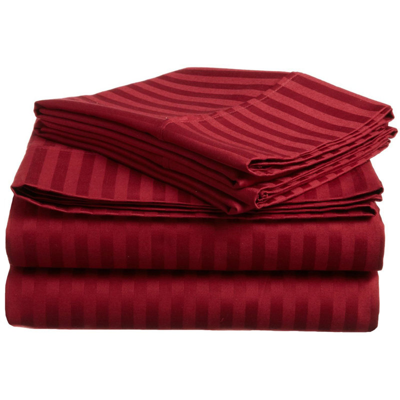 300 Thread Count Certified Egyptian Cotton Stripe Sheet Set, Burgundy, Split King Sheet Set + 2Fitted Sheet + 2Pillowcase