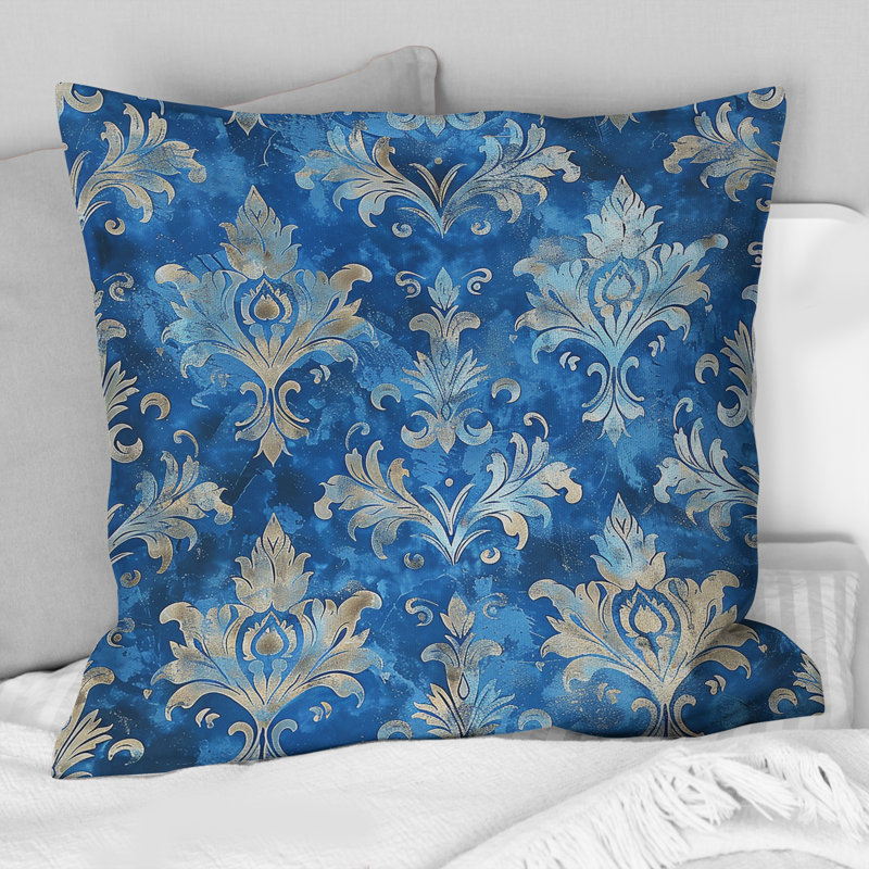 Coussin décoratif Glamour Damask - Glam, Bleu / doré, H 18 po x H 18 po