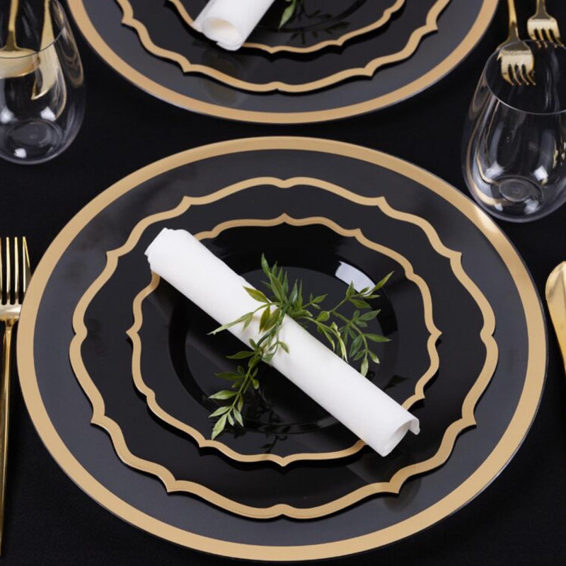 70 personnes assiettes rondes en plastique noir Ecoqualité avec bordure dorée moderne 70 invités