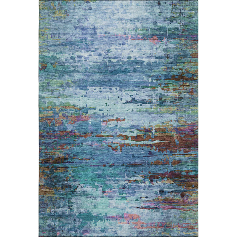 Premium Machine Washable Mayfield AMF2035 Abstract Rug, Blue, 3' x 5'