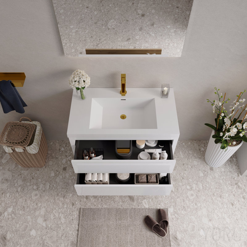 Meuble-lavabo mural 36 po avec lavabo, meuble de rangement flottant avec comptoir en résine de pierre et tiroirs à fermeture en douceur, blanc brillant entièrement assemblé