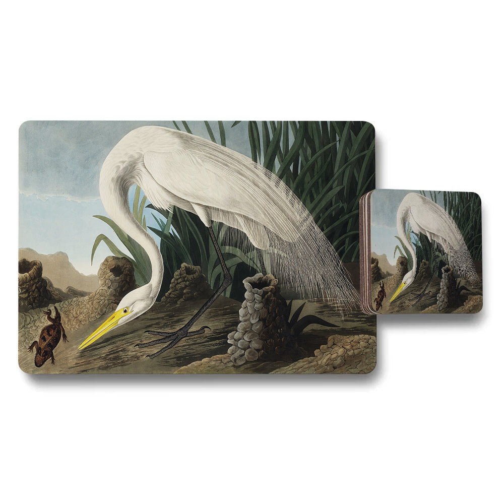 Heron Themed Placemats And Coaster Set With Nature Scene