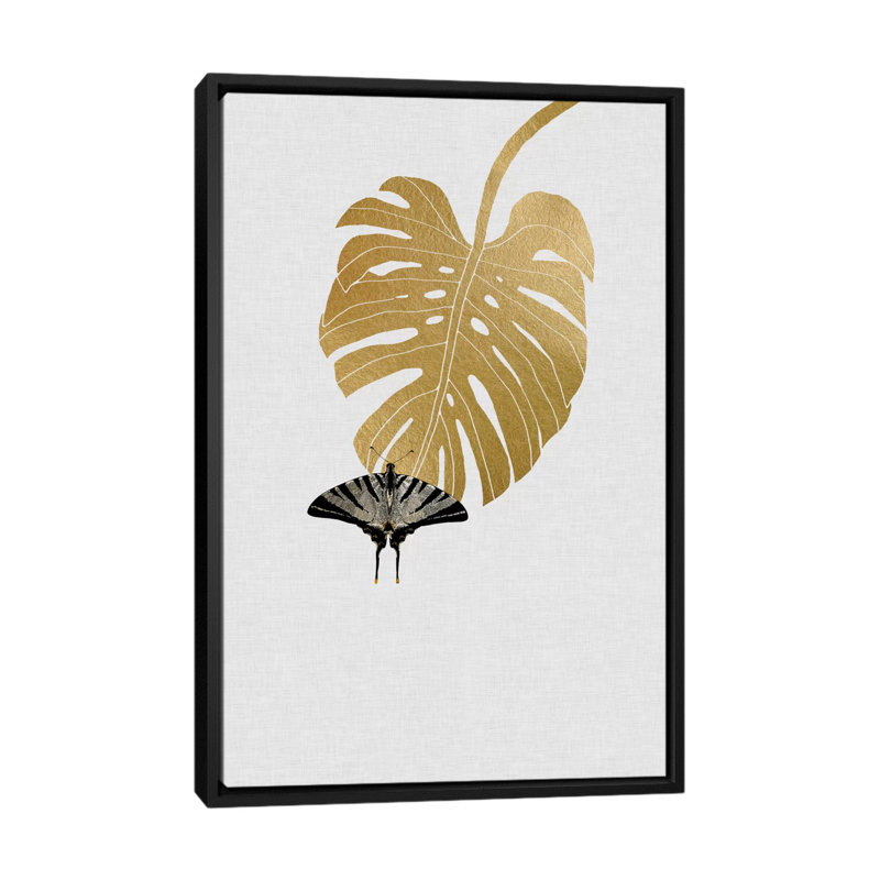 «Butterfly & Monstera» par Orara Studio, reproduction sur toile, H 26 po x l 18 po x P 1,5 po, Toile avec cadre noir