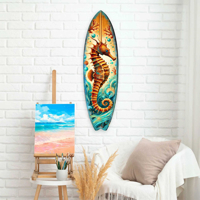 Art mural de planche de surf de bord de mer hippocampe - décor océan en bois fabriqué à la main par g. Debrekht - Accent intérieur et extérieur de maison de plage