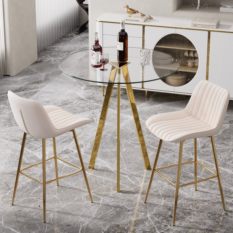 3 Piece Pub Table and Velvet Fabric Pedestal Bar Stool Dining Set (Set of 3), Cream/Gold