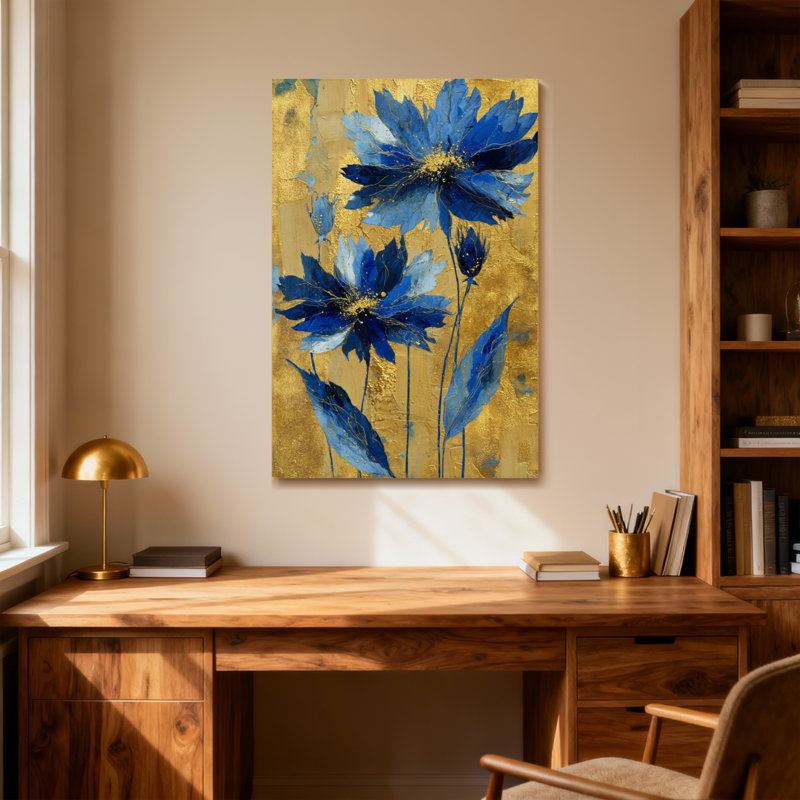 Plantes et fleurs, fleurs bleues sur fond doré, reproduction d'art, H 12 po x l 18 po