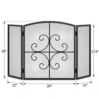 Pare-feu en fer forgé à 3 panneaux de 122 cm (48 po) avec volutes et treillis métallique.