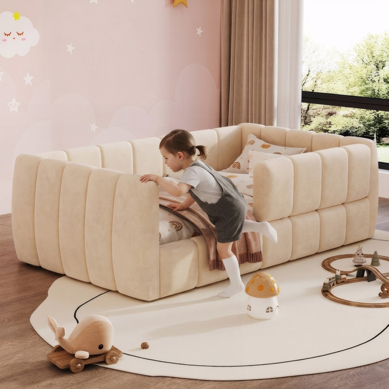 Lit de jour rembourré avec garde-corps amovible, Beige