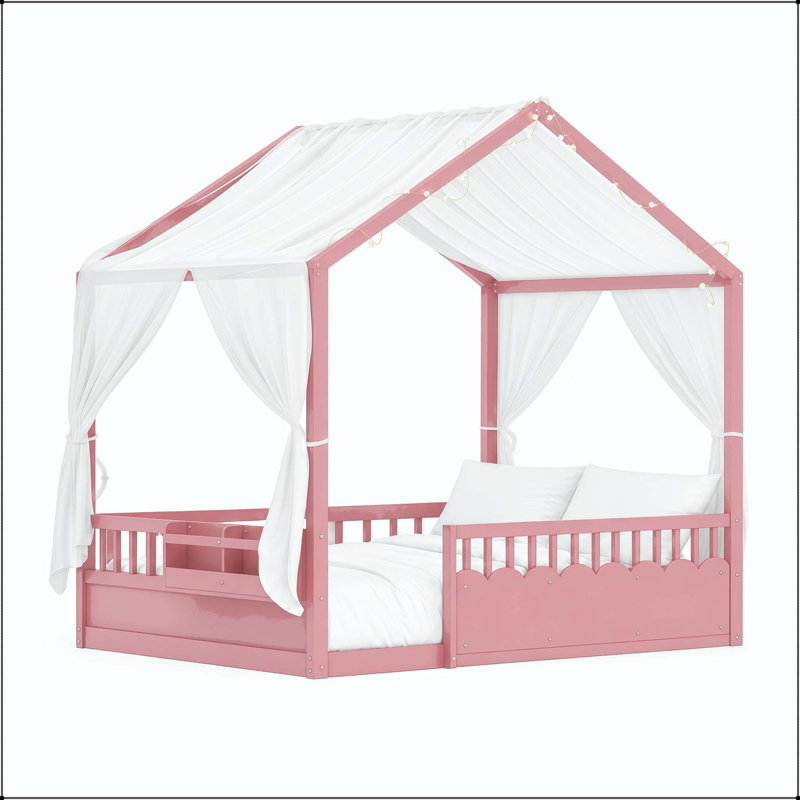 Full Montessori Floor Bed with Canopy House Frame, Pink