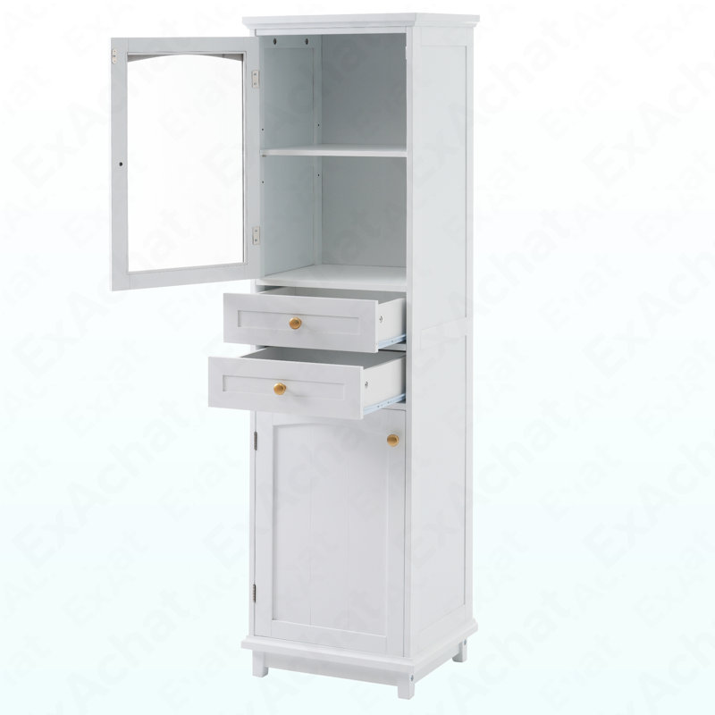 63" Tall Bathroom Storage Cabinet With Glass Doors, Free-Standing, Two Drawers, And Adjustable Shelves, MDF Board, Painted White - Perfect For Displaying Your Favorite Items