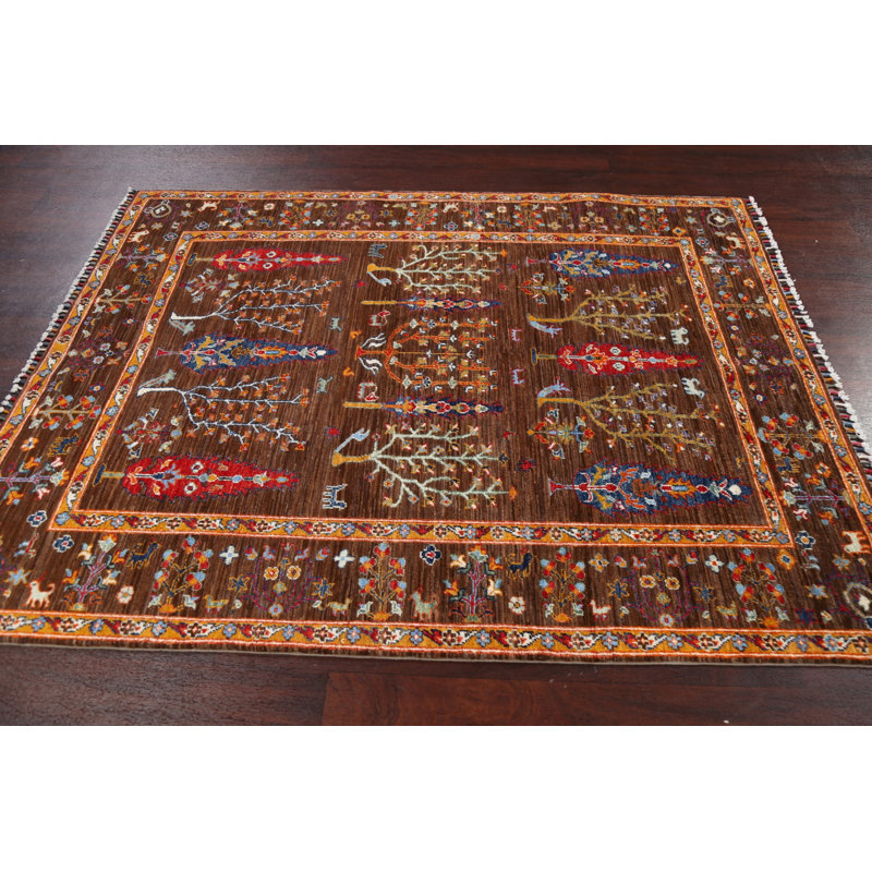 Tapis brun en laine noué à la main de conception unique 4 pi 9 po x 6 pi 2 po New Age