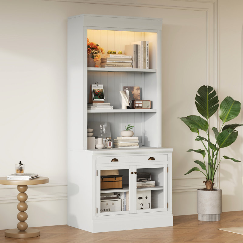 83.4"Tall Bookshelf Suite With LED Lighting,  Bookcases With Glass Doors And Drawers,2-Piece Set Storage Bookcase Suite With Open Shelves