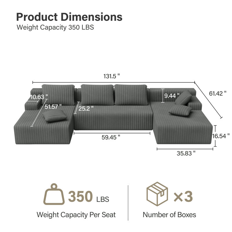 Boneless U-shaped 132" Boneless Modular Cloud Couch Sectional Sofa, Gray Corduroy