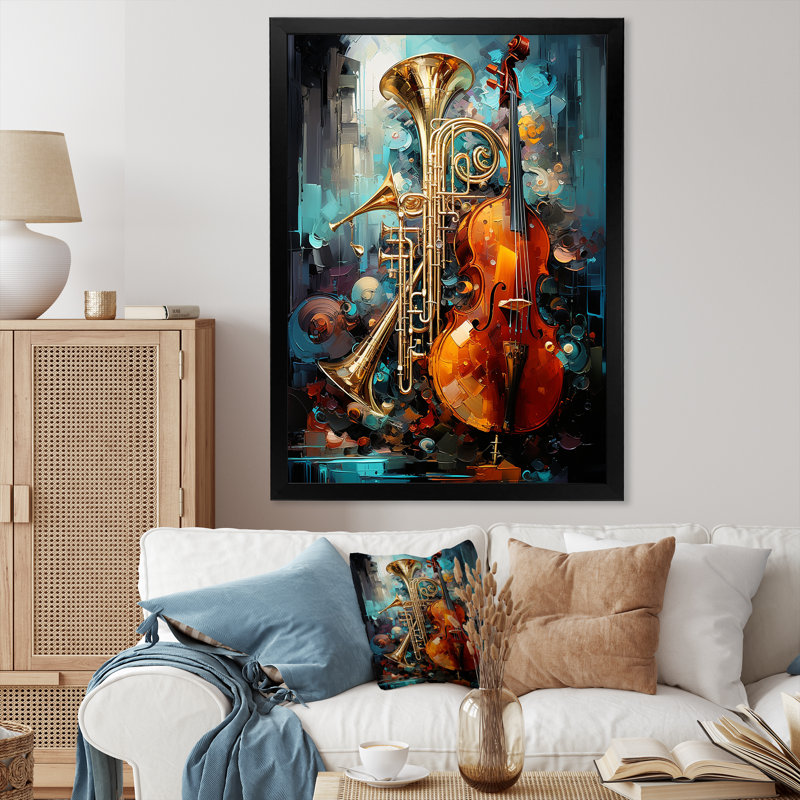 «Trombone Violen Tribute Jazzed Jade» sur toile, Cadre simple noir, H 40 po x l 30 po x P 1,5 po