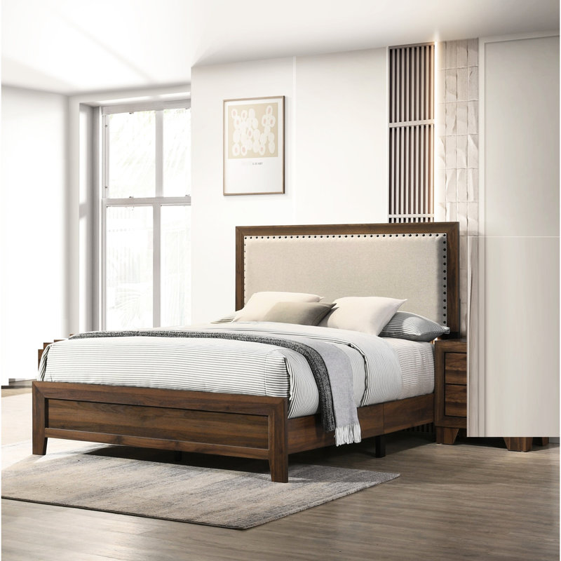 Luxueux grand lit en cerisier brun avec tête de lit tapissier et superbe structure en bois de gaze, Grand, White