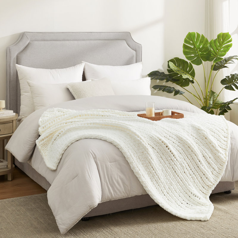  Handmade Chunky Knit Chenille Thick Soft Throw Blanket For Sofa, Bed, And Couch, Ivory, 50" W x 60" L