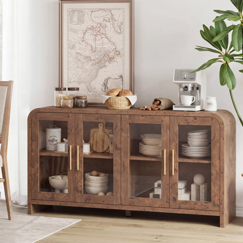 Buffet incurvé moderne, armoire de rangement pour buffet, console multimédia avec 4 portes en verre et tablettes réglables